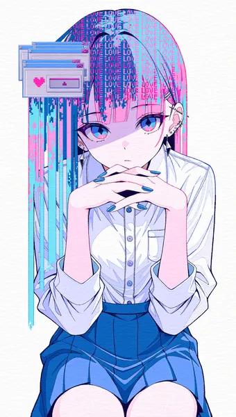 AI-generated anime portrait of a girl with glitching pixel-art hair in a crisp white shirt.