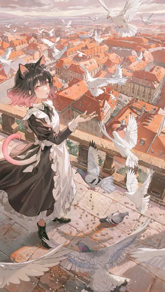 AI-generated anime art of a cat-eared maid surrounded by pigeons above terracotta rooftops.
