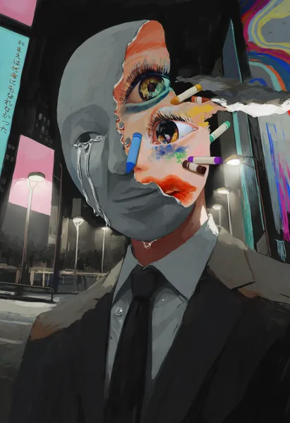 AI-generated surreal artwork of a suited figure whose cracked gray mask reveals vivid painted eyes.