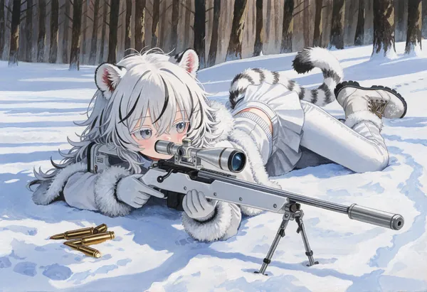 AI-generated anime art of a white tiger girl aiming a sniper rifle in the snow.
