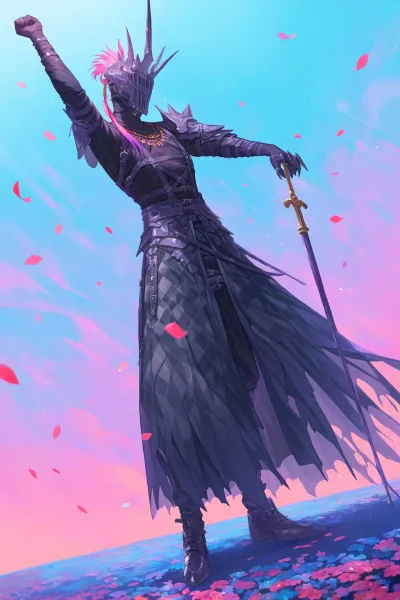 AI-generated anime warrior stands triumphantly among colorful petals, showcasing stunning artistry.