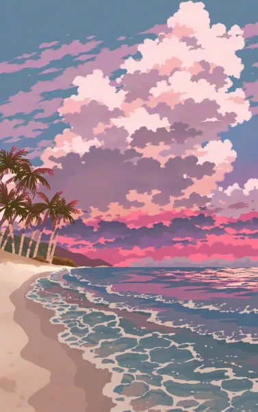 Vibrant AI-generated anime beach scene with colorful pink clouds and gentle waves.