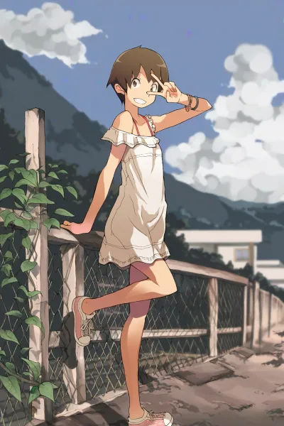 AI-generated anime artwork featuring a cheerful character in a dress against a serene background.