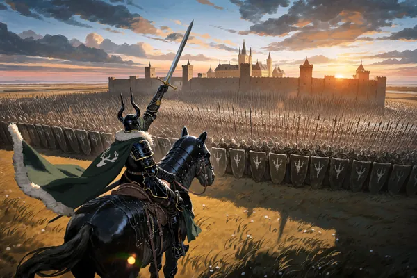 AI-generated painting of a dark knight on horseback surveying an army before a castle at sunset.