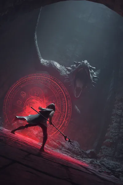 AI-generated fantasy art of a lone warrior facing a dragon beside a glowing red sigil in a dark dungeon.