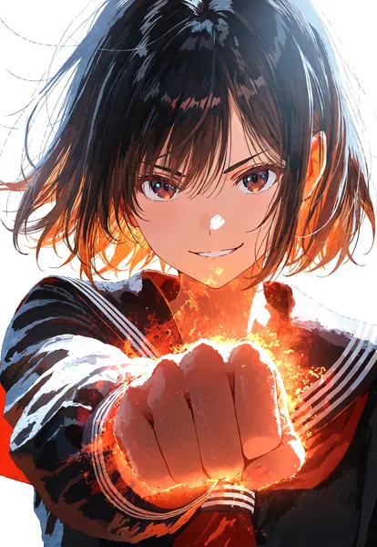 AI-generated anime art of a determined schoolgirl throwing a blazing punch toward the viewer.