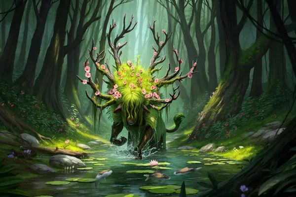 AI-generated fantasy art of a blooming forest spirit wading through a mossy swamp.