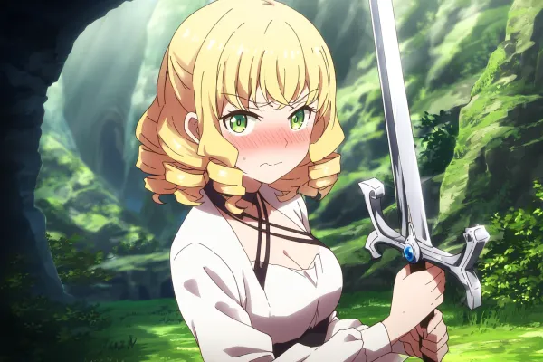 AI-generated anime art featuring a blushing blonde knight with a sword, set in a lush forest backdrop.