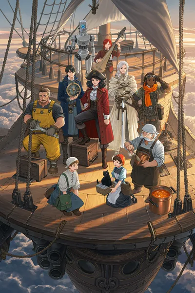 AI-generated anime artwork of an adventuring crew gathered on an airship deck above the clouds.