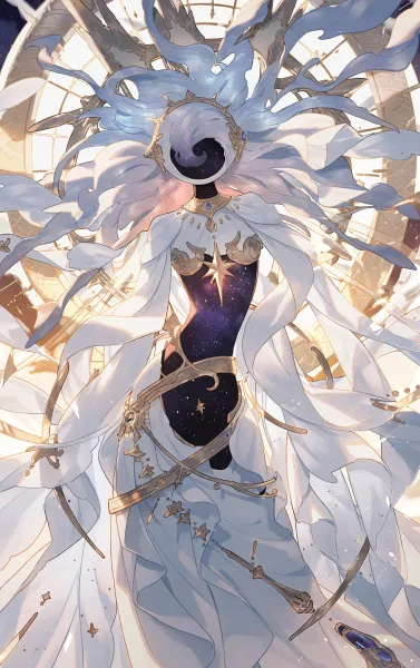 Elegant AI-generated anime artwork featuring a celestial figure in flowing white robes, showcasing artistic brilliance.