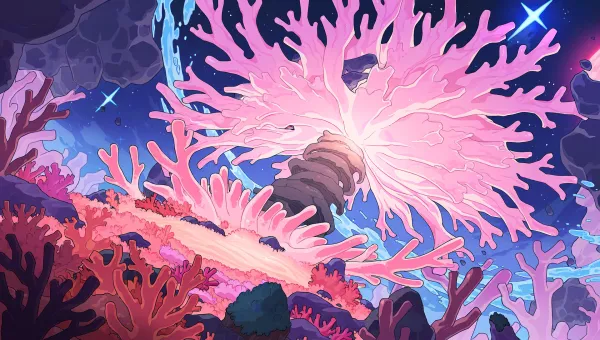 Vivid AI-generated anime art showcases a fantastical coral landscape in vibrant colors.