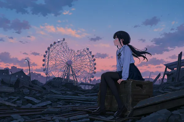 AI-generated anime scene of a girl sitting among ruins at dusk, gazing at a distant ferris wheel.