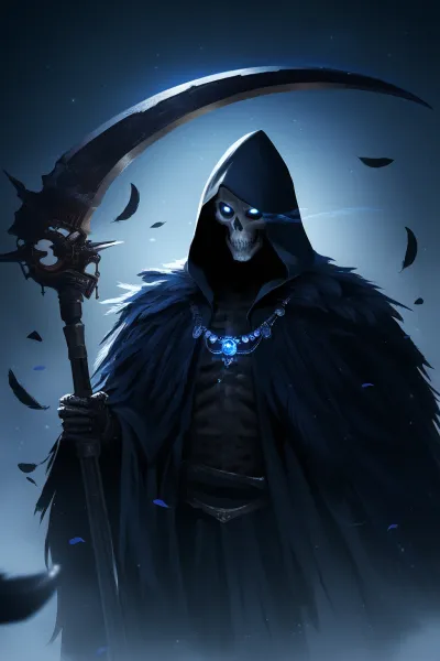 AI-generated anime art of a skeleton reaper in a dramatic, dark setting, showcasing vivid details.