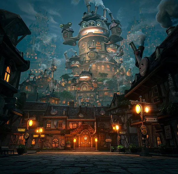 AI-generated artwork of a whimsical steampunk town glowing with lanterns at night.