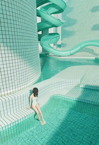 AI-generated artwork of a girl at the edge of a surreal teal-tiled pool with winding waterslides.