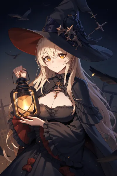 AI-generated anime art featuring a blonde witch in gothic fashion, holding a lantern in a mystical setting surrounded by bats.