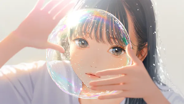 AI-generated portrait of a girl peering through a shimmering soap bubble in soft light.