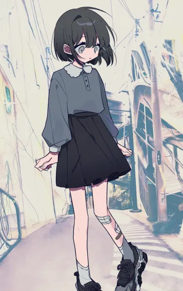 Anime-style illustration of a girl in casual clothes with bandaids all over her right lower leg, showcasing the creativity of an anime AI art generator.