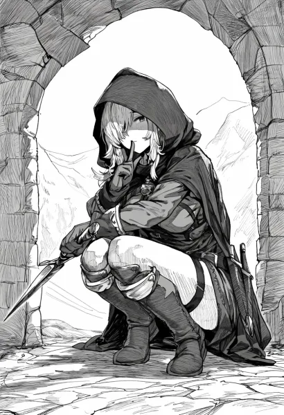 Hatched monochrome shading manga style AI-generated anime artwork featuring a cloaked female thief crouching.