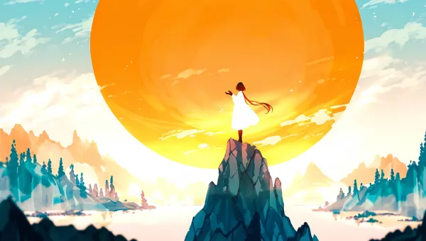 A figure in a flowing dress stands atop a rocky peak under a vibrant sun, showcasing stunning anime AI art.