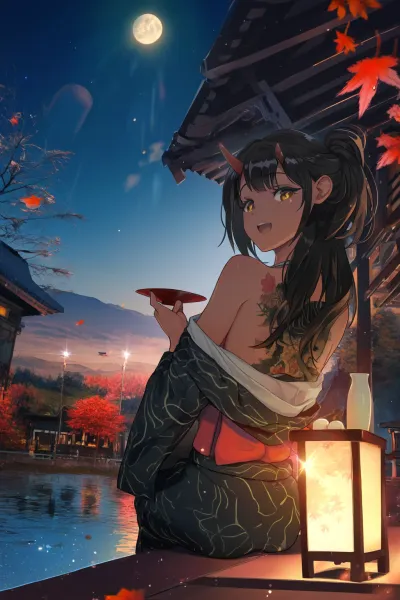 AI-generated anime art featuring a oni girl in traditional attire having sake by a serene autumn landscape.