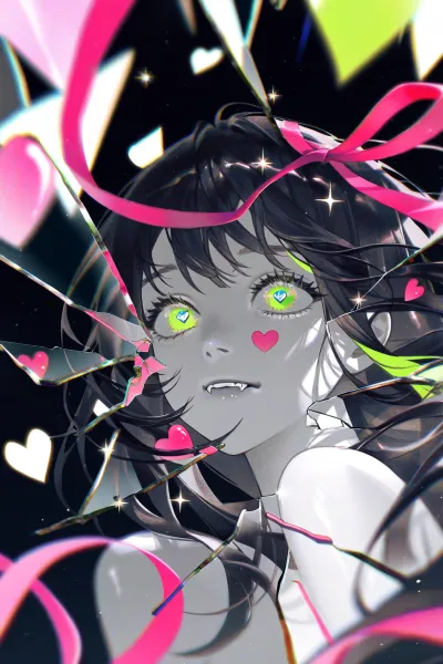 Vibrant pink ribbons surround a fanged anime girl with bright green eyes and floating hearts, showcasing AI-generated anime art.