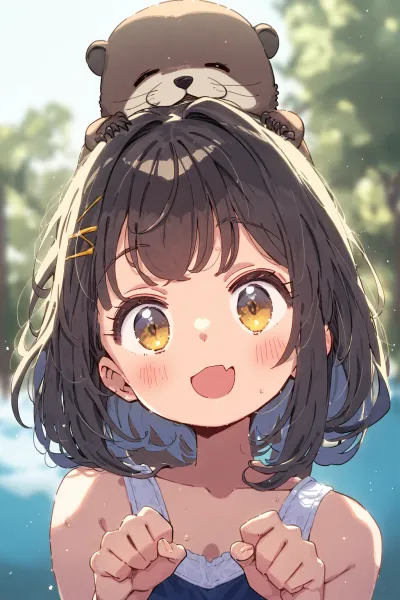 Charming anime girl with sparkling eyes and a little otter happily perching on her head, showcasing the vibrant capabilities of AI-generated anime art.