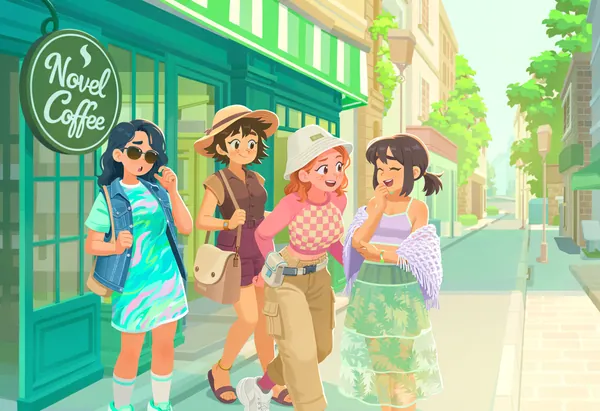 AI-generated anime art of four cheerful girls chatting outside a green cafe on a sunny street.