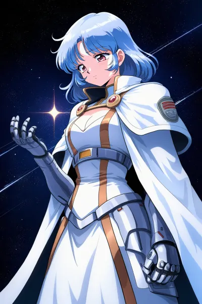 AI-generated anime artwork of a female character in a hero's armor against a starry backdrop.