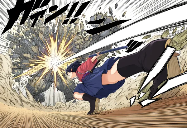 AI-generated manga panel of a girl delivering a powerful kick amid flying rubble.