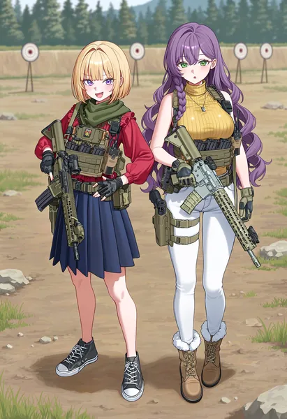 AI-generated anime art of two friends with rifles posing at an outdoor shooting range.