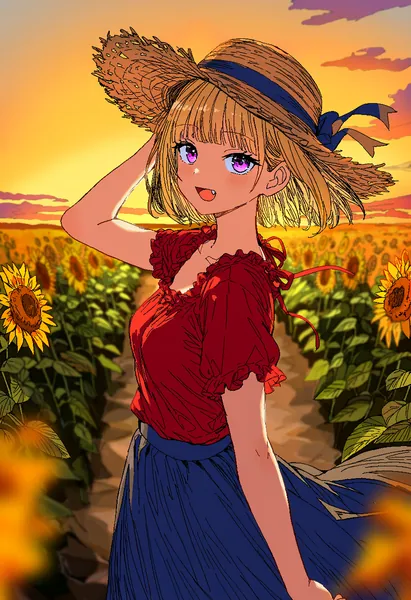 AI-generated anime art of a smiling girl in a straw hat standing in a sunflower field at sunset.