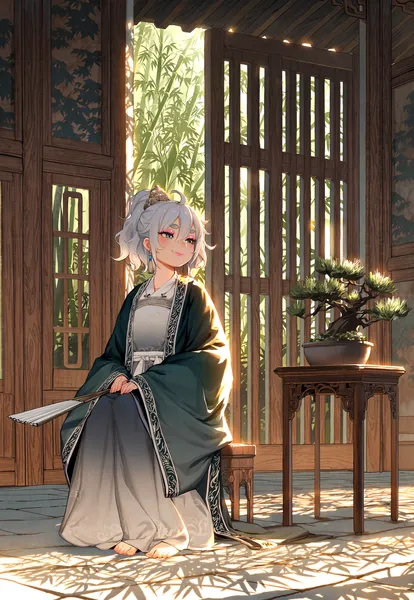 AI-generated anime portrait of a silver-haired woman in traditional robes resting beside a bonsai in a sunlit room.