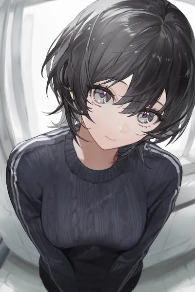 AI-generated anime art of a short-haired girl with expressive eyes and soft features, exhibiting vivid detail.