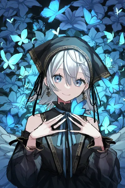 Vibe Transfer origin image of a babushka wearing anime-style girl surrounded by butterflies, showcasing stunning AI-generated anime art.