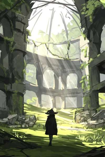 AI-generated anime art exhibiting a mystical, overgrown ruin with dramatic lighting.