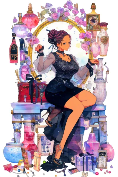 Watercolor style AI-generated anime art of a fashionable tan lady surrounded by perfumes and beauty products.