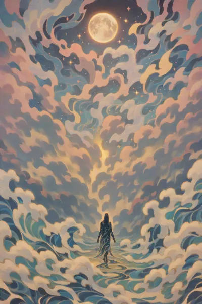 A Vibe Transfer origin AI-generated anime art picture featuring a figure walking through vibrant stylized clouds below a glowing moon.