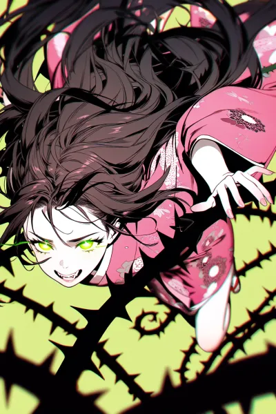 Vibe Transfer target of an Anime girl in a kimono with long hair and vibrant eyes, depicting action-heavy AI-generated artwork.