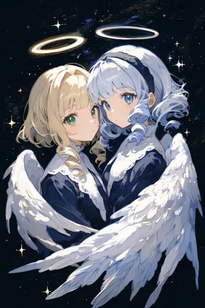 Anime-style illustration of two girls with angel wings, highlighting the vibrant capabilities of AI-generated artwork created through Vibe Transfer.