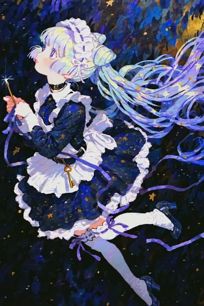 Full body AI-generated anime art of a maid floating through a starry night, presenting vibrant colors and delicate details drawn from the original Vibe Transfer image.