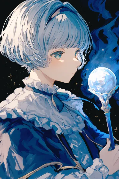 Anime girl with vibrant blue hair, holding a magical scepter—example of AI-generated anime art created via Vibe Transfer.