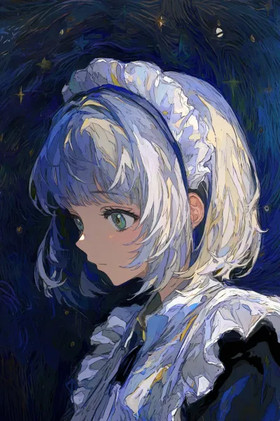 Elegant anime girl in a maid outfit, portraying a unique painterly AI-generated anime art style.