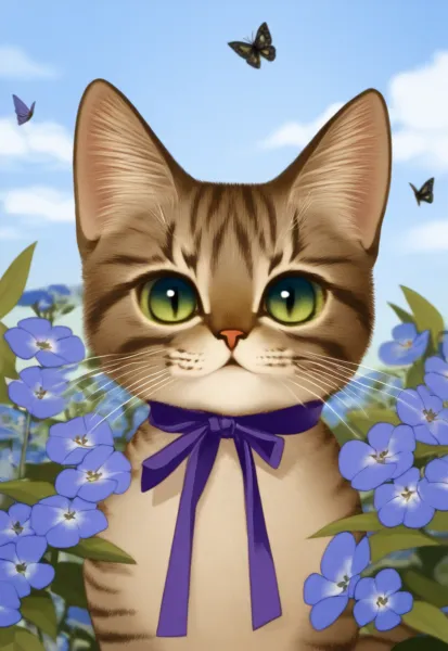 Vibe Transfer origin of an AI-generated anime style cat with a purple ribbon surrounded by blue flowers and butterflies, showcasing vibrant pastel tones with soft shading.