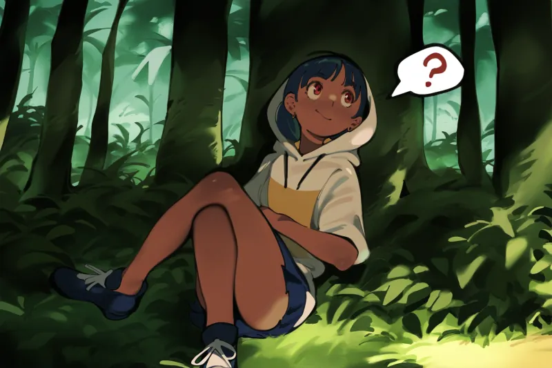 AI-generated anime art of a girl sitting in a lush forest, showcasing vibrant colors and style.